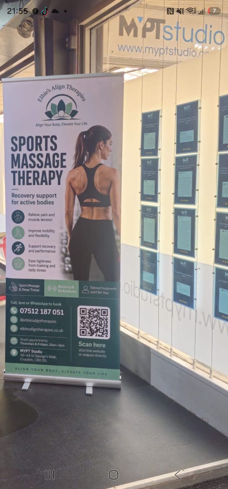 Elbie’s Sports Massage Therapy roller banner displayed inside MyPT Studio