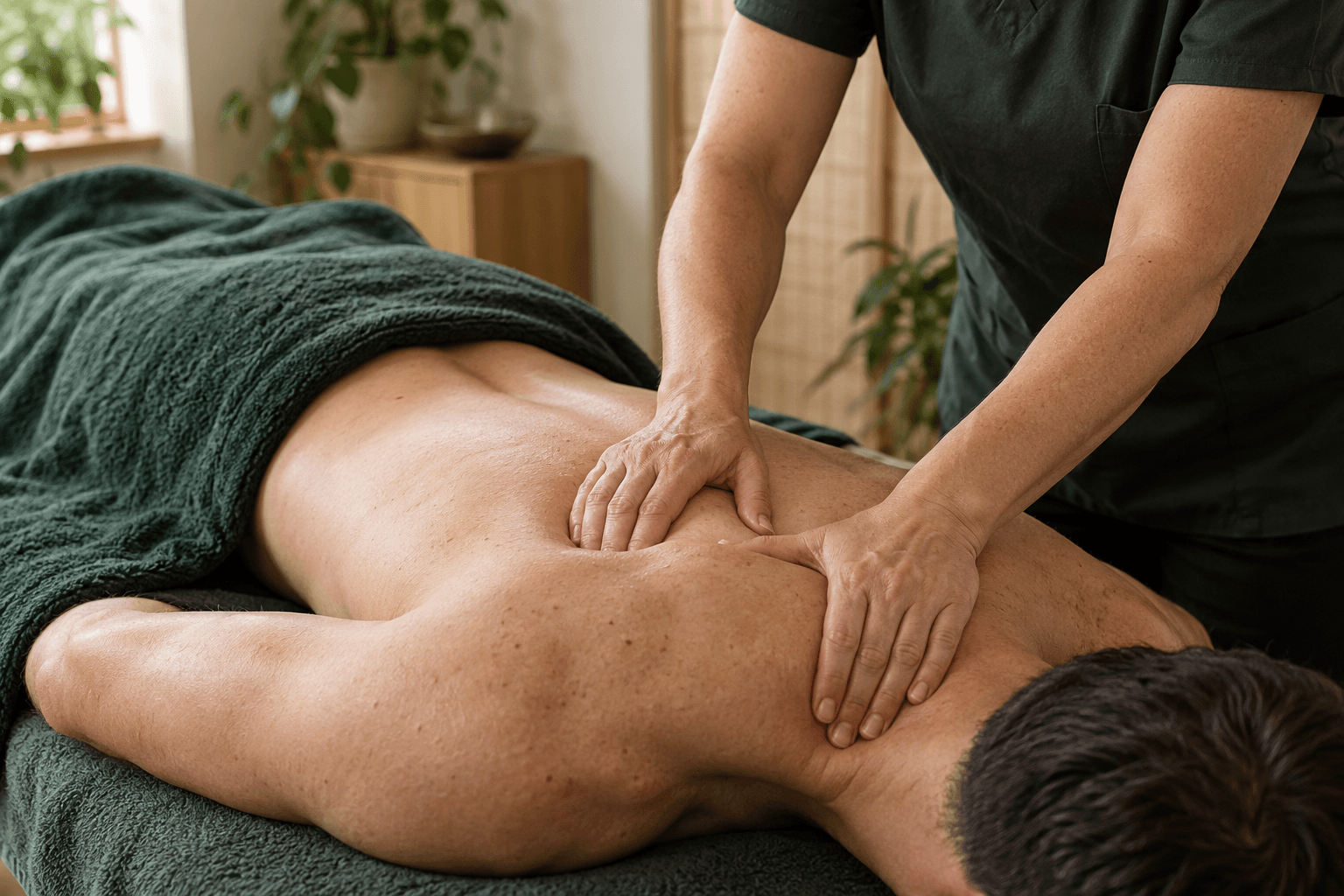 Illustrative sports massage of the upper back and shoulder