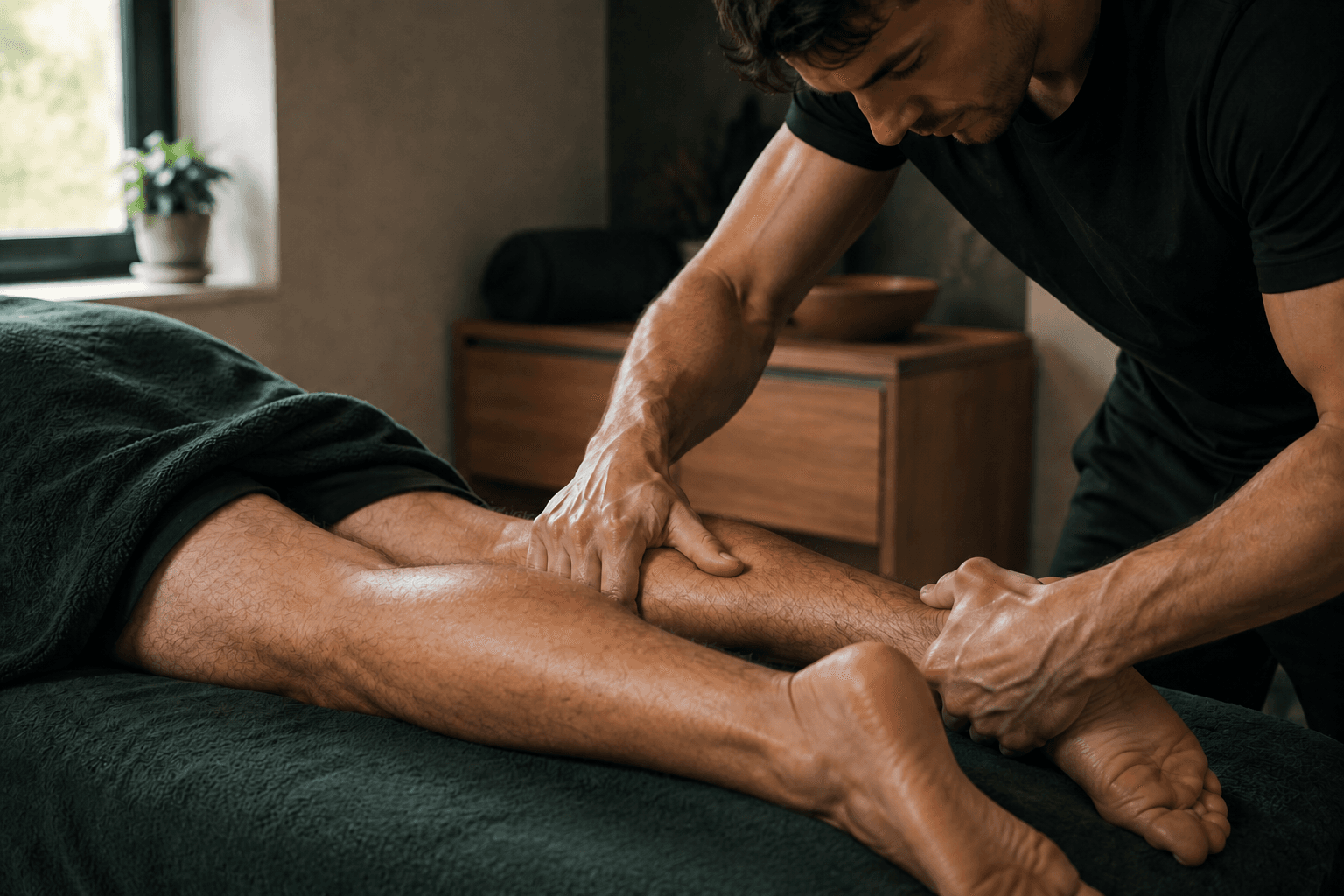 Focused sports massage work on the lower leg
